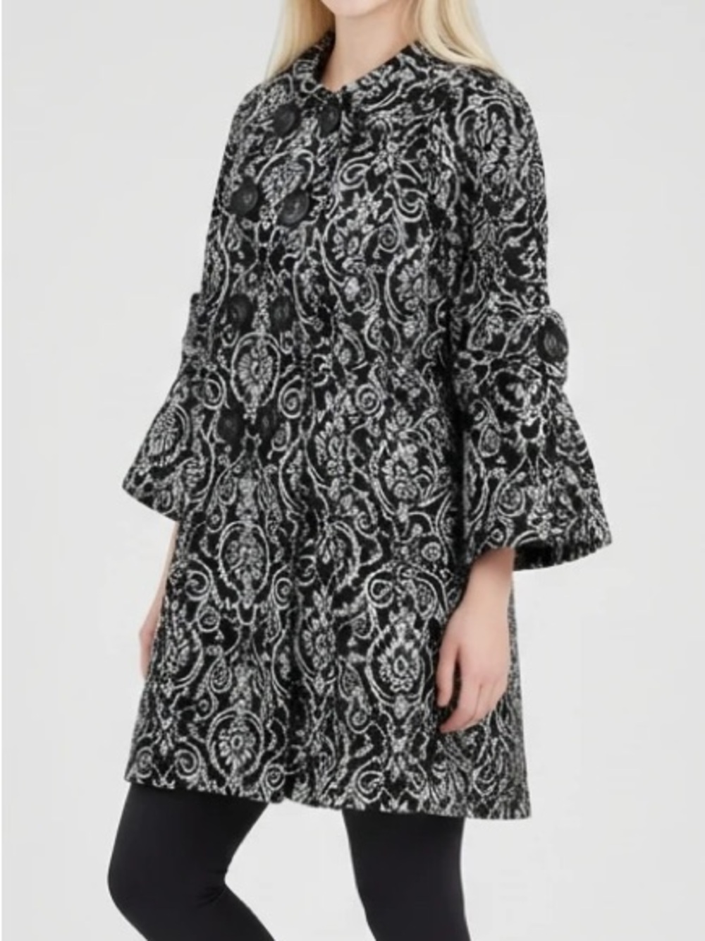 Neslay Paris Damask Wool Blend Pea Coat Gothic Tapestry Trench in Black White